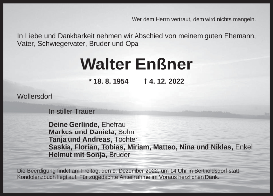 Traueranzeige von Walter Enßner von Ansbach