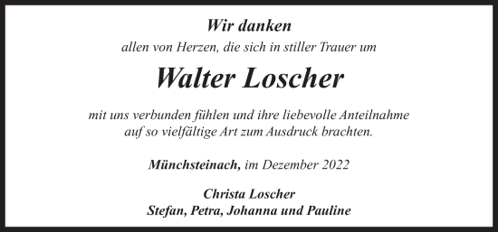 Traueranzeige von Walter Loscher von Neustadt/ Scheinfeld/ Uffenheim