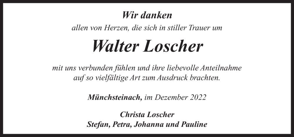  Traueranzeige für Walter Loscher vom 03.12.2022 aus Neustadt/ Scheinfeld/ Uffenheim