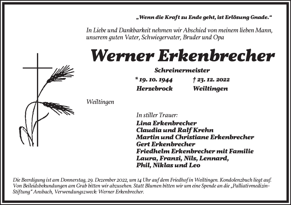  Traueranzeige für Werner Erkenbrecher vom 28.12.2022 aus Dinkelsbühl/ Feuchtwangen