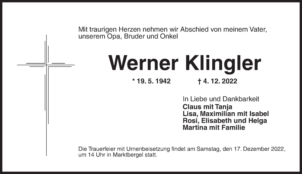  Traueranzeige für Werner Klingler vom 13.12.2022 aus Neustadt/ Scheinfeld/ Uffenheim