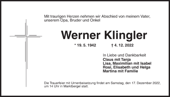 Traueranzeige von Werner Klingler von Neustadt/ Scheinfeld/ Uffenheim