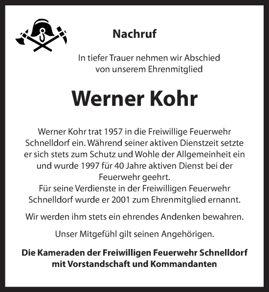 Traueranzeige von Werner Kohr von Dinkelsbühl/ Feuchtwangen