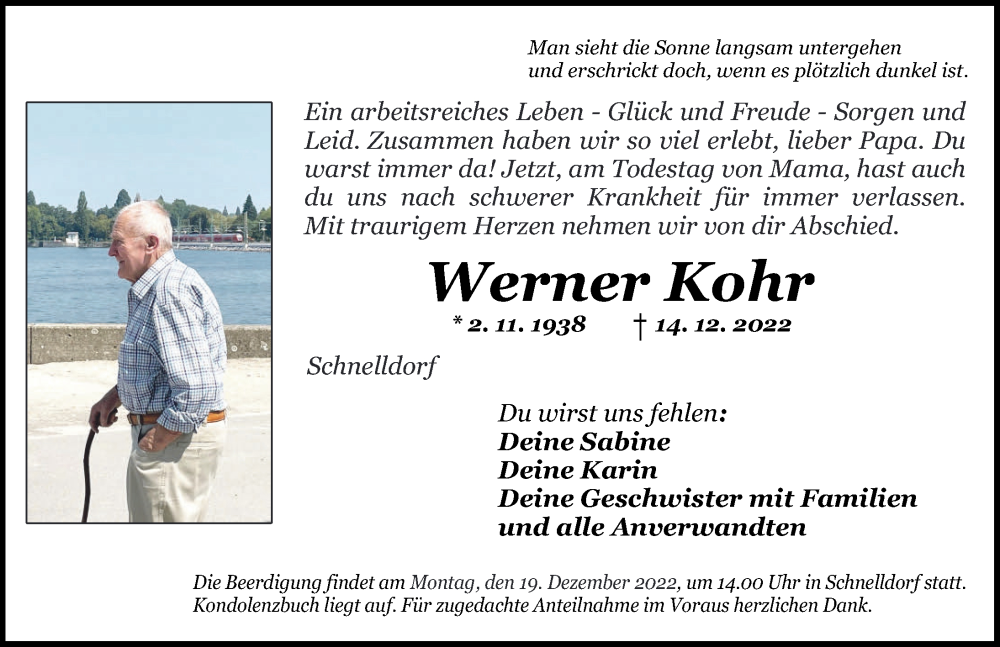  Traueranzeige für Werner Kohr vom 17.12.2022 aus Dinkelsbühl/ Feuchtwangen