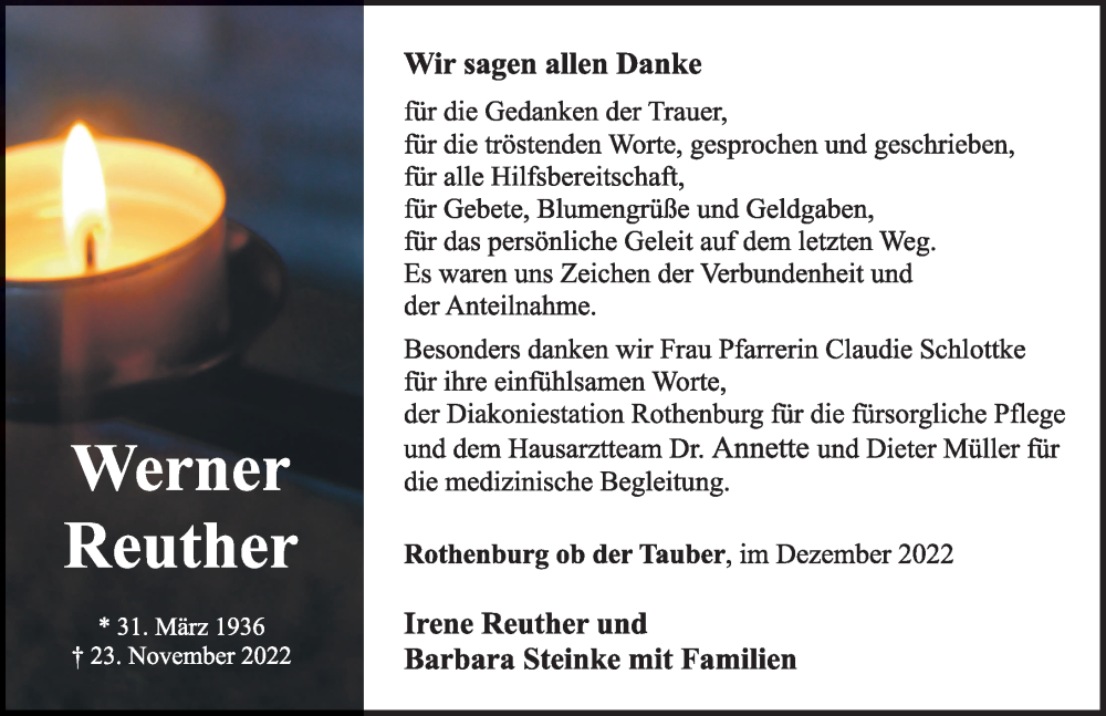  Traueranzeige für Werner Reuther vom 14.12.2022 aus Rothenburg