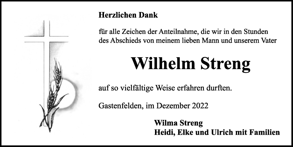  Traueranzeige für Wilhelm Streng vom 03.12.2022 aus Rothenburg