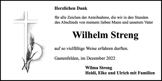 Traueranzeige von Wilhelm Streng von Rothenburg