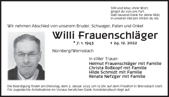 Traueranzeige von Willi Frauenschläger von Ansbach