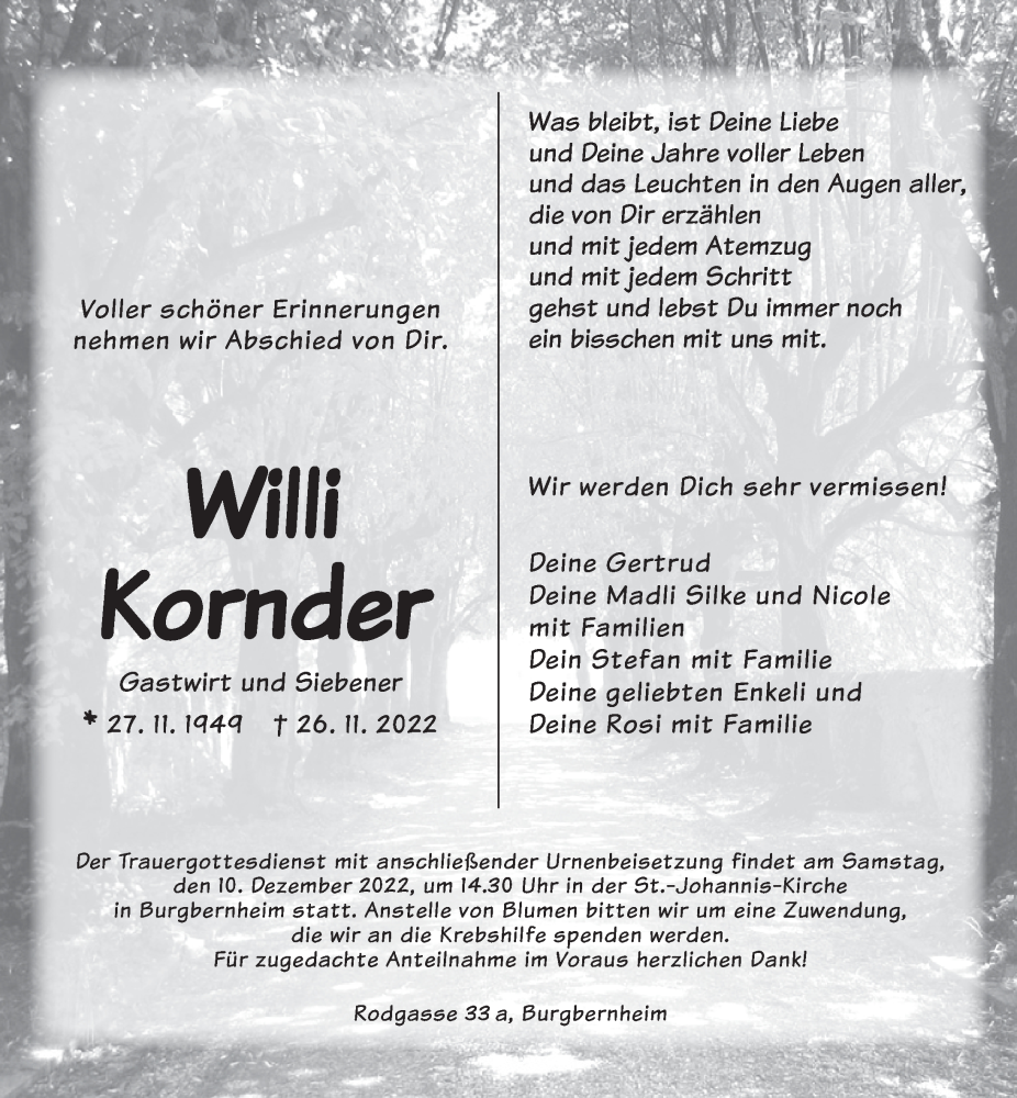  Traueranzeige für Willi Kornder vom 03.12.2022 aus Neustadt/ Scheinfeld/ Uffenheim