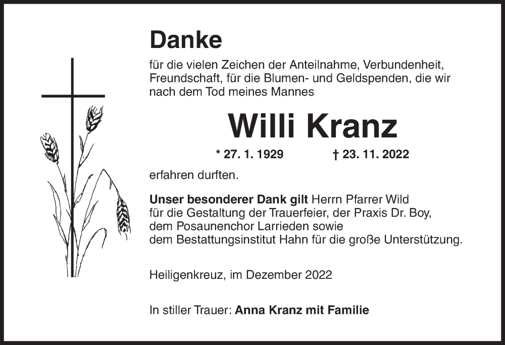  Traueranzeige für Willi Kranz vom 10.12.2022 aus Dinkelsbühl/ Feuchtwangen