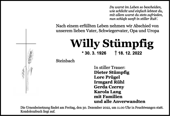 Traueranzeige von Willy Stümpfig von Dinkelsbühl/ Feuchtwangen