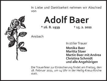 Traueranzeige von Adolf Baer von Ansbach