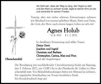 Traueranzeige von Agnes Holub von Neustadt/ Scheinfeld/ Uffenheim