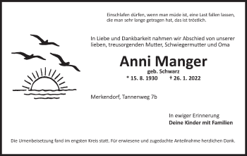 Traueranzeige von Anni Manger von Ansbach