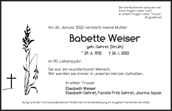 Traueranzeige von Babette Weiser von Ansbach