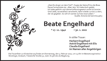 Traueranzeige von Beate Engelhard von Ansbach