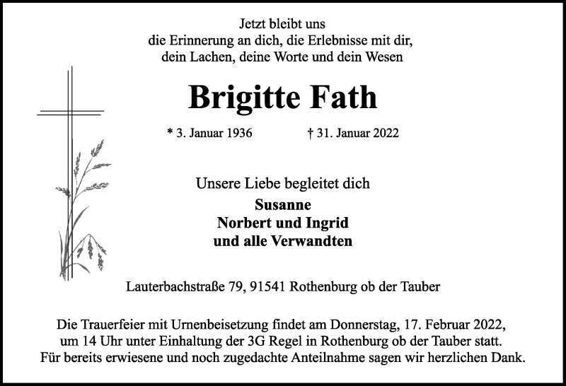  Traueranzeige für Brigitte Fath vom 03.02.2022 aus Rothenburg