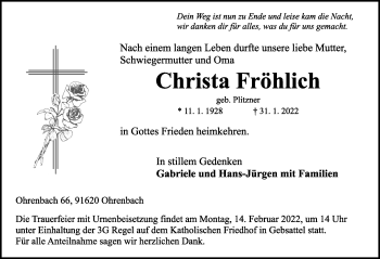 Traueranzeige von Christa Fröhlich von Rothenburg