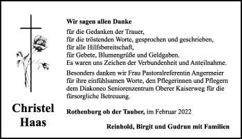 Traueranzeige von Christel Haas von Rothenburg