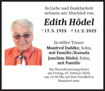 Traueranzeige von Edith Hödel von Dinkelsbühl/ Feuchtwangen