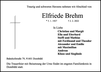 Traueranzeige von Elfriede Brehm von Rothenburg