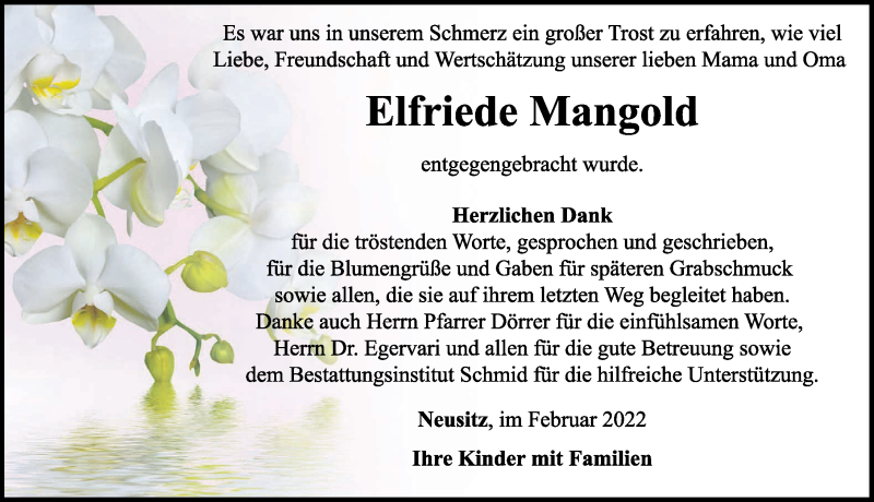  Traueranzeige für Elfriede Mangold vom 19.02.2022 aus Rothenburg