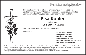 Traueranzeige von Elsa Kohler von Ansbach