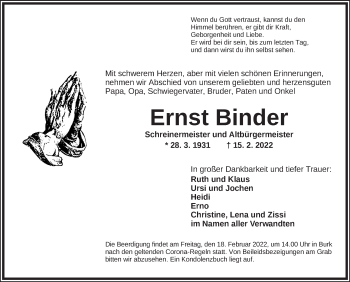 Traueranzeige von Ernst Binder von Dinkelsbühl/ Feuchtwangen