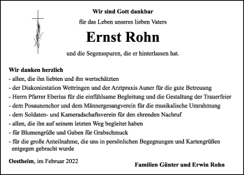 Traueranzeige von Ernst Rohn von Rothenburg