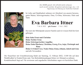 Traueranzeige von Eva Barbara Ittner von Neustadt/ Scheinfeld/ Uffenheim