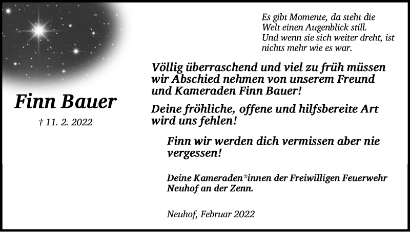  Traueranzeige für Finn Bauer vom 18.02.2022 aus Neustadt/ Scheinfeld/ Uffenheim