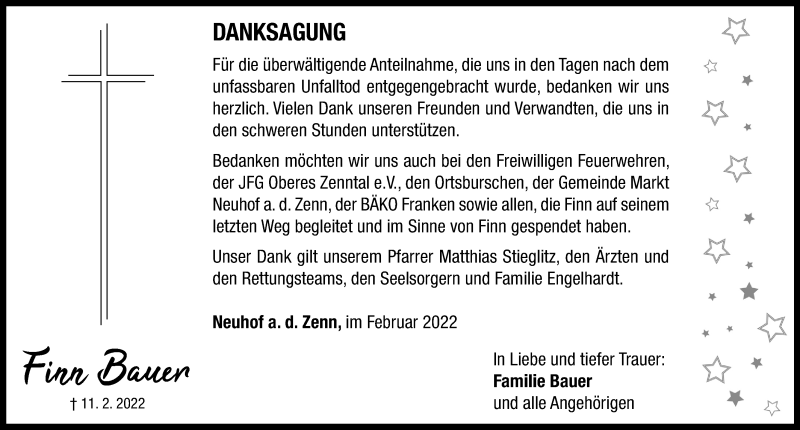  Traueranzeige für Finn Bauer vom 25.02.2022 aus Neustadt/ Scheinfeld/ Uffenheim