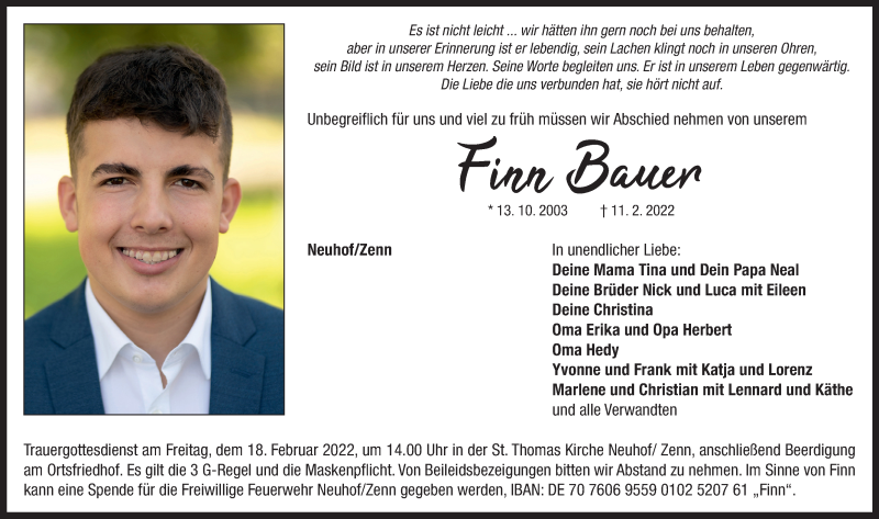  Traueranzeige für Finn Bauer vom 15.02.2022 aus Neustadt/ Scheinfeld/ Uffenheim