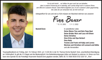 Traueranzeige von Finn Bauer von Neustadt/ Scheinfeld/ Uffenheim