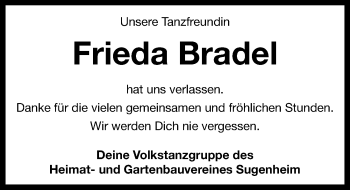 Traueranzeige von Frieda Bradel von Neustadt/ Scheinfeld/ Uffenheim