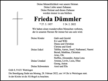 Traueranzeige von Frieda Dümmler von Rothenburg