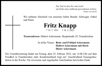 Traueranzeige von Fritz Knapp von Neustadt/ Scheinfeld/ Uffenheim