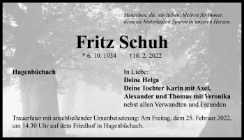 Traueranzeige von Fritz Schuh von Neustadt/ Scheinfeld/ Uffenheim