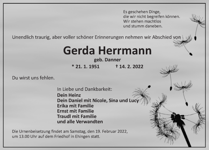  Traueranzeige für Gerda Herrmann vom 17.02.2022 aus Dinkelsbühl/ Feuchtwangen