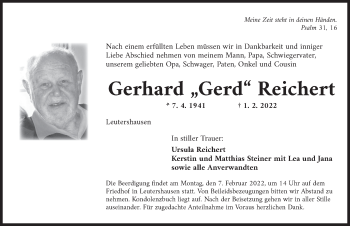 Traueranzeige von Gerhard Reichert von Ansbach