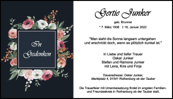 Traueranzeige von Gertie Junker von Rothenburg