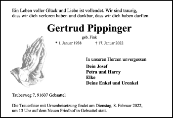 Traueranzeige von Gertrud Pippinger von Rothenburg