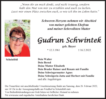 Traueranzeige von Gudrun Schwintek von Neustadt/ Scheinfeld/ Uffenheim