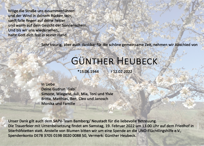  Traueranzeige für Günther Heubeck vom 16.02.2022 aus Neustadt/ Scheinfeld/ Uffenheim