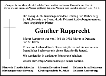 Traueranzeige von Günther Rupprecht von Rothenburg