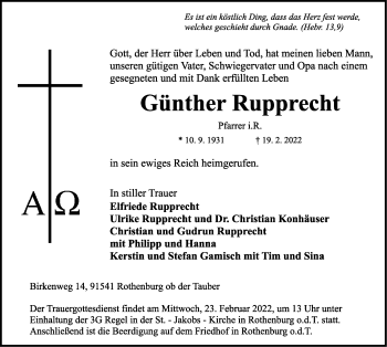 Traueranzeige von Günther Rupprecht von Rothenburg
