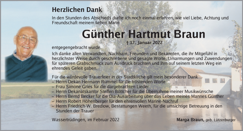  Traueranzeige für Günther Hartmut Braun vom 12.02.2022 aus Dinkelsbühl/ Feuchtwangen