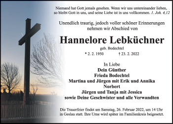 Traueranzeige von Hannelore Lebküchner von Ansbach