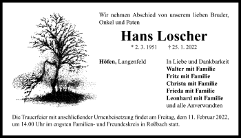 Traueranzeige von Hans Loscher von Neustadt/ Scheinfeld/ Uffenheim