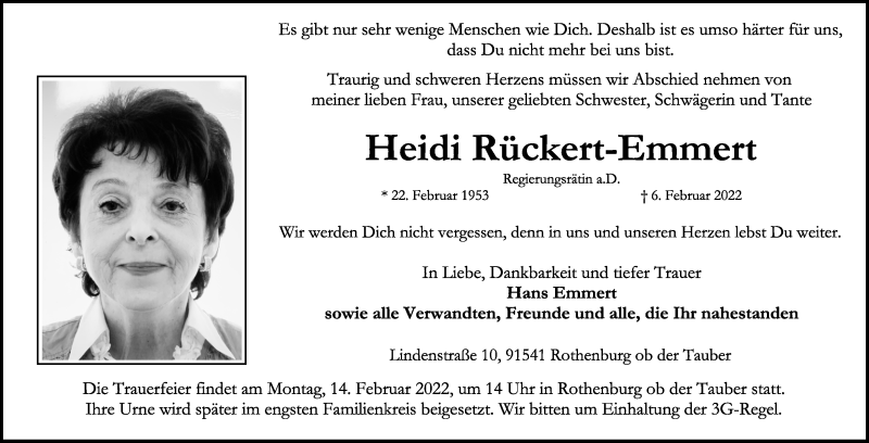  Traueranzeige für Heidi Rückert-Emmert vom 11.02.2022 aus Rothenburg